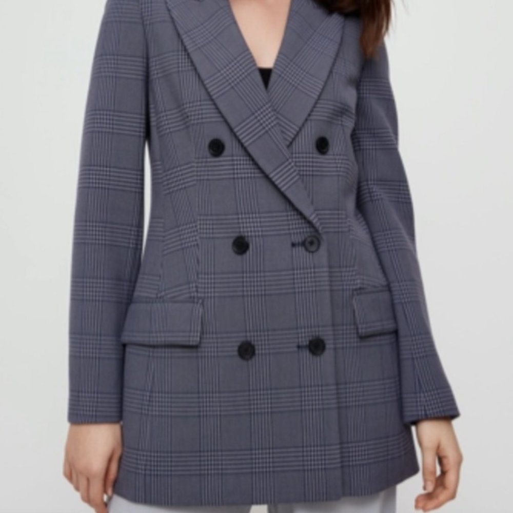 Aritzia Wilfred Margaux Blazer Plaid Double-breasted Blazer Blue Grey Plaid